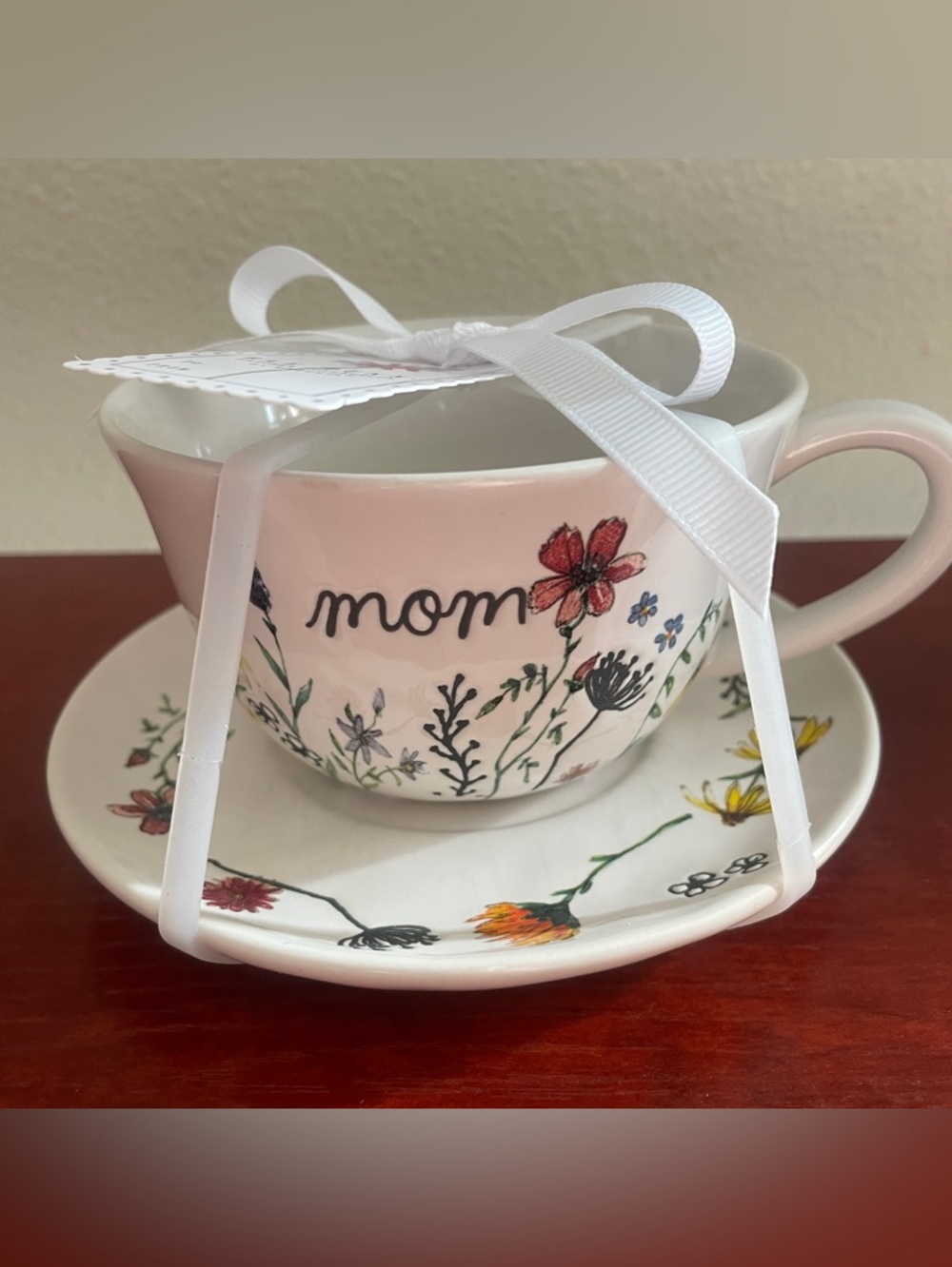 Rae Duun “Mom" Floral Teacup & Saucer Set - Pink and White